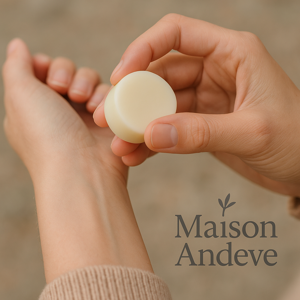 Applying Maison Andeve lotion bar to wrist, natural solid moisturizer.