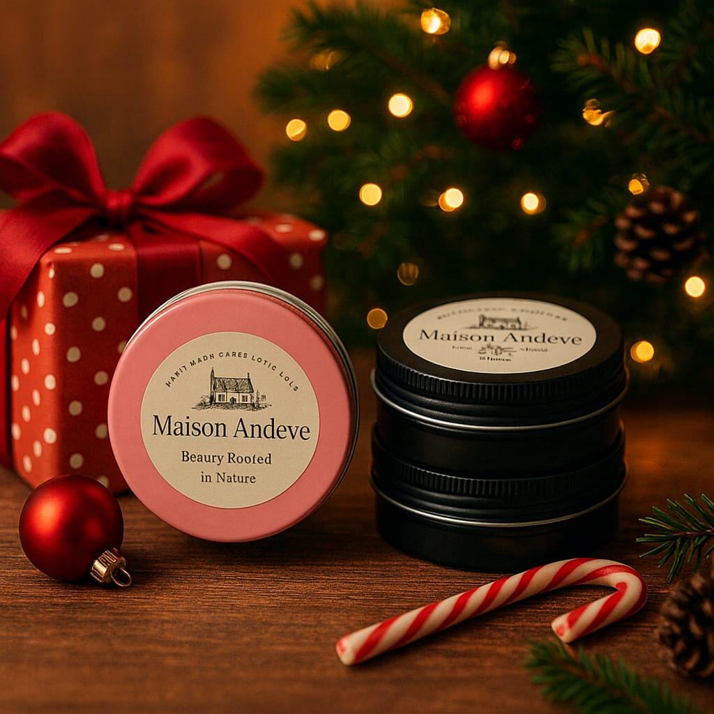 Maison Andeve lotion bars in pink and black tins displayed with Christmas lights, gift box and candy cane.