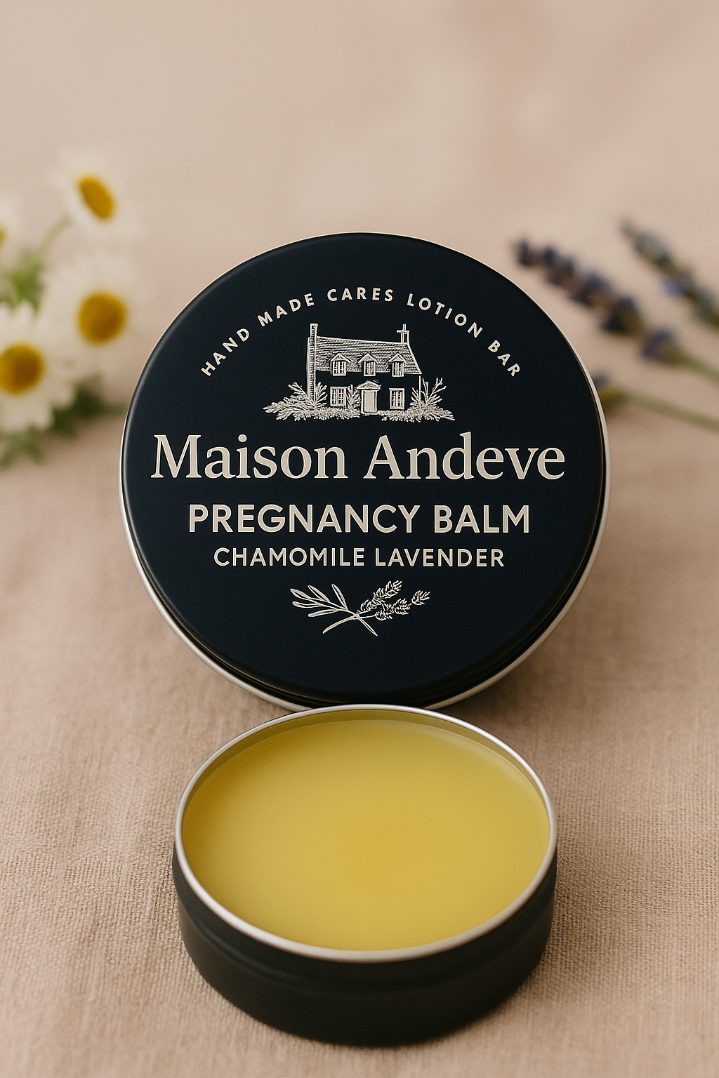 Maison Andeve newborn balm with shea butter, olive oil and argan oil displayed in a tin