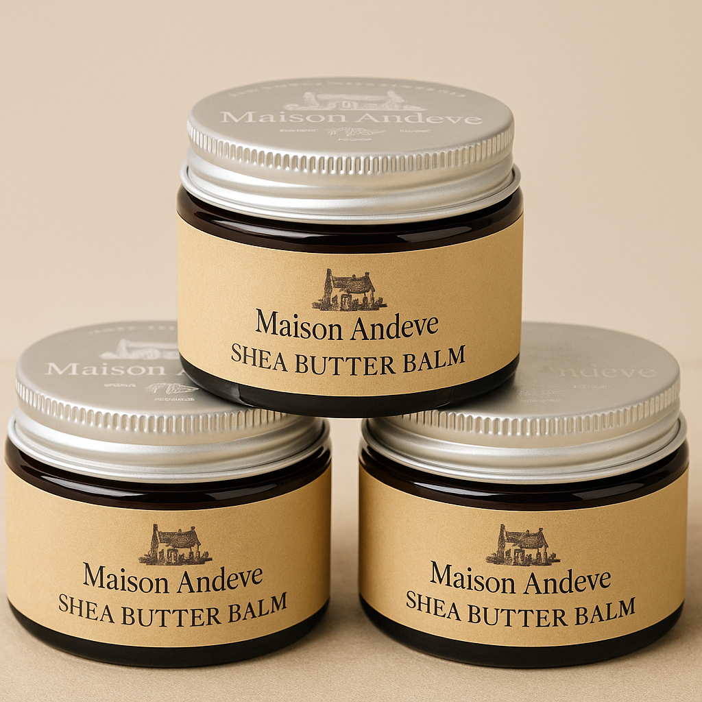 Three Maison Andeve shea butter balm jars stacked, natural handmade skincare.