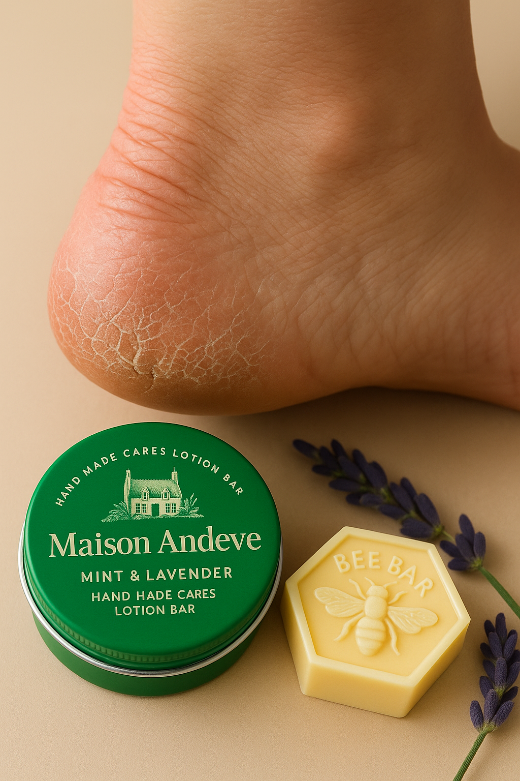 Deep moisturising lotion bar for dry, cracked heels with mint and lavender, shown beside Maison Andeve tin and solid balm
