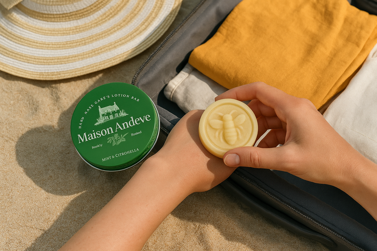 Person applying bee-shaped lotion bar at the beach beside Maison Andeve mint and citronella tin.