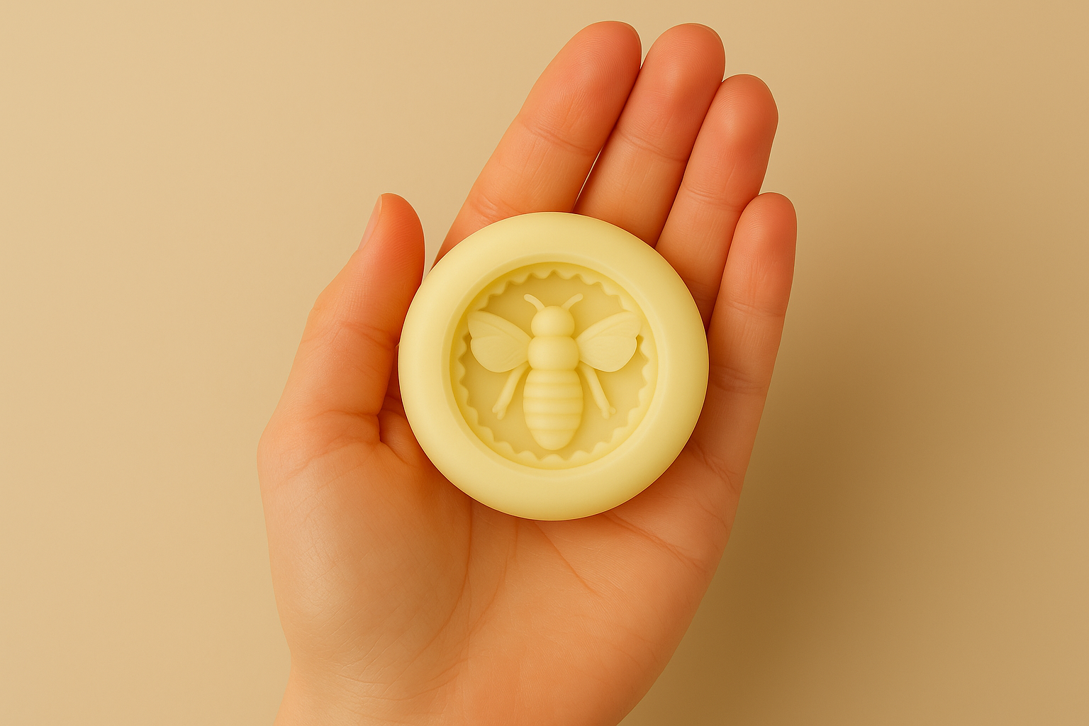 Bee-embossed lotion bar held in hand, creamy natural moisturizing formula.