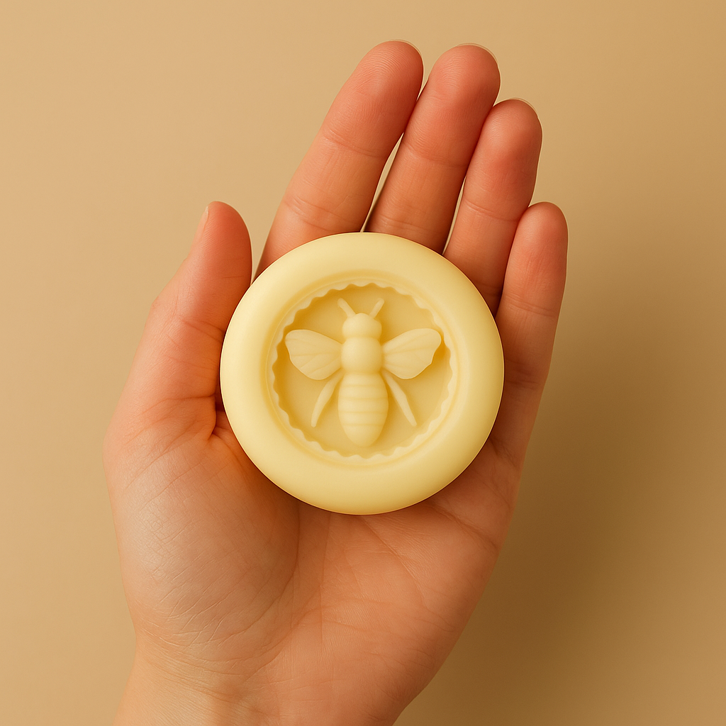 Hand holding a Maison Andeve bee-embossed lotion bar on a warm beige background