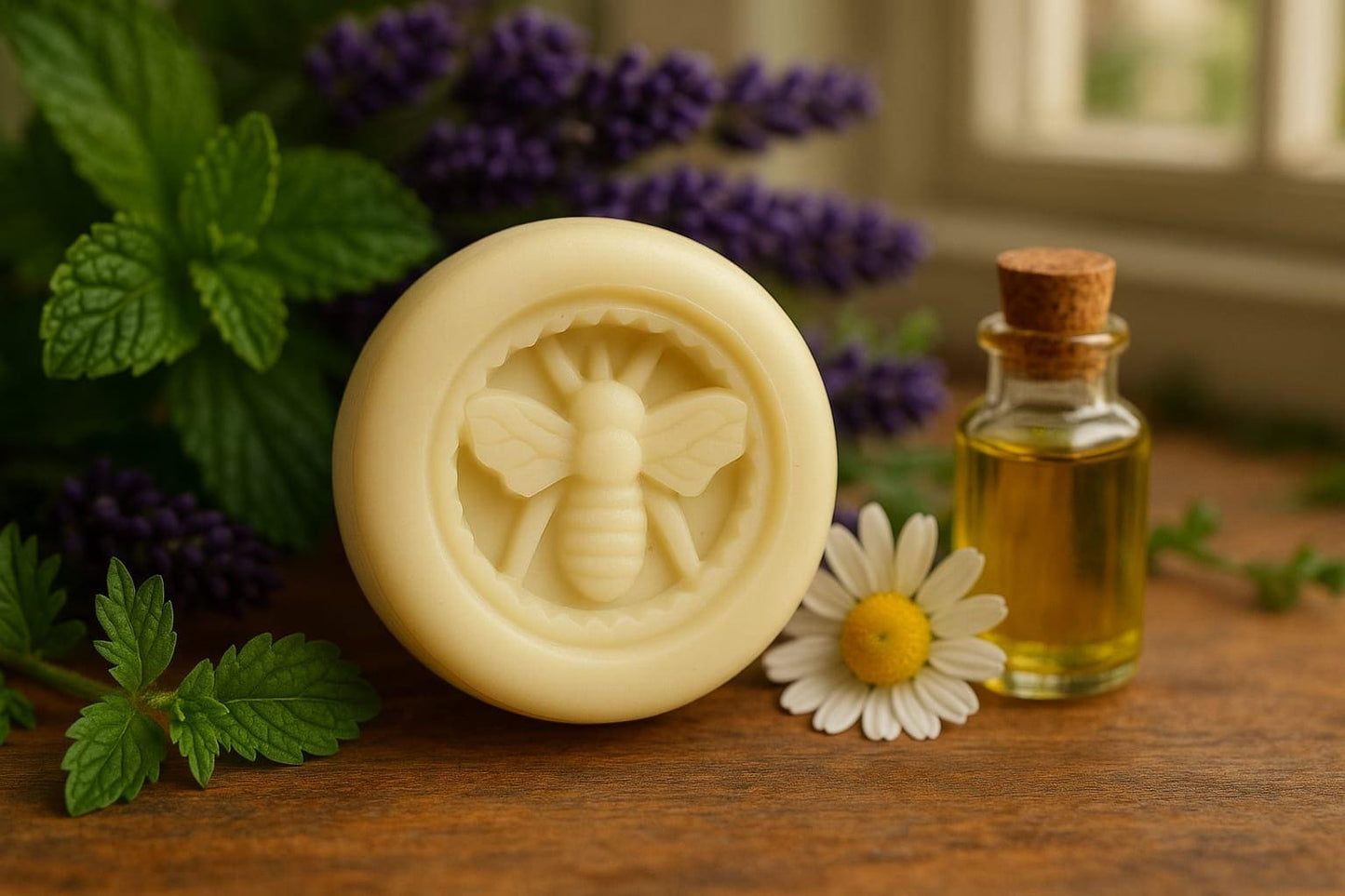Maison Andeve bee-embossed lotion bar displayed with lavender, chamomile, and herbal oil bottle.