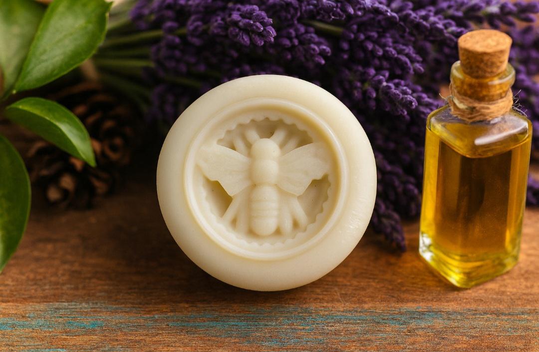 Bee-embossed lotion bar with lavender flowers and herbal oil on a rustic wooden surface.