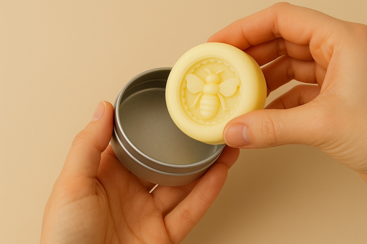 Hand placing Maison Andeve bee-shaped lotion bar into a metal tin, natural skincare product.