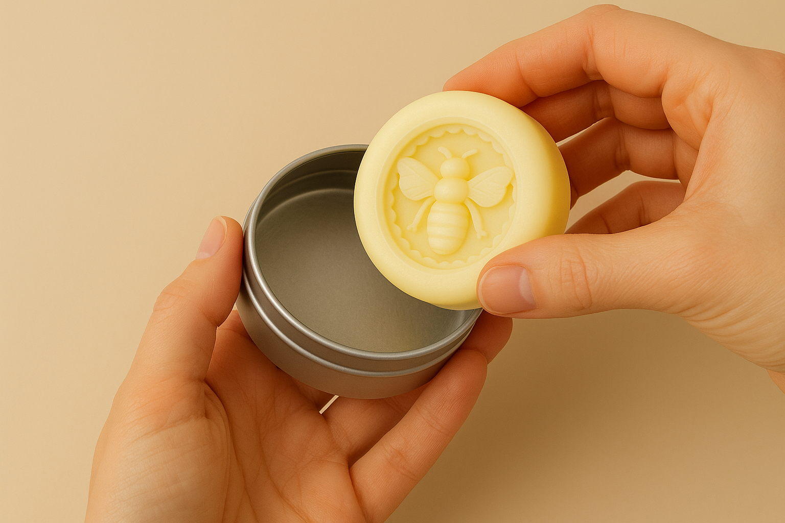 Hand placing Maison Andeve bee-shaped lotion bar into a metal tin, natural skincare product.