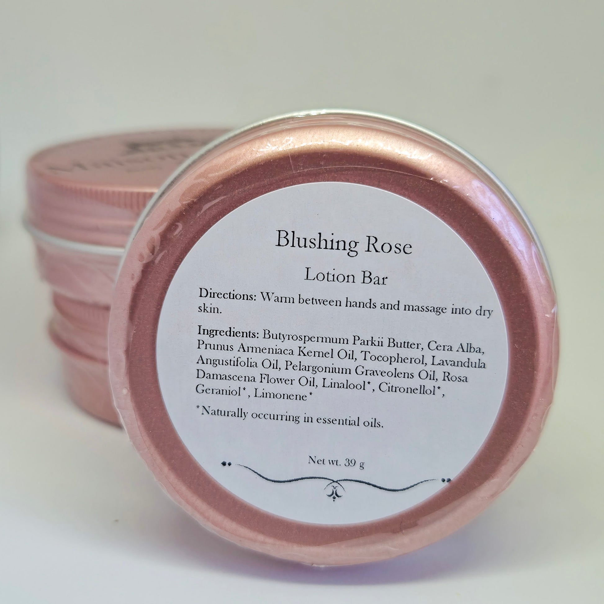 Back label of Maison Andeve Blushing Rose lotion bar showing ingredients and directions for natural solid moisturiser