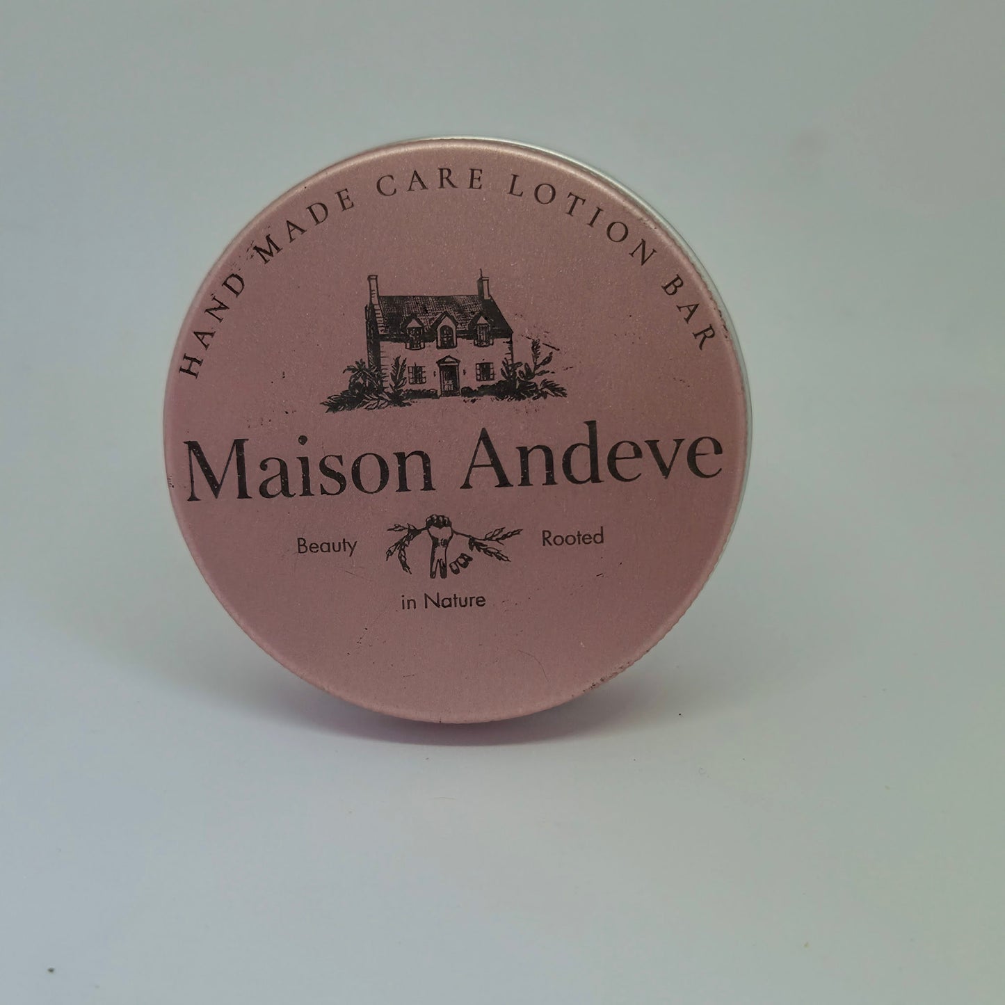 Maison Andeve Blushing Rose lotion bar in pink tin, natural handmade solid moisturiser with rose and lavender