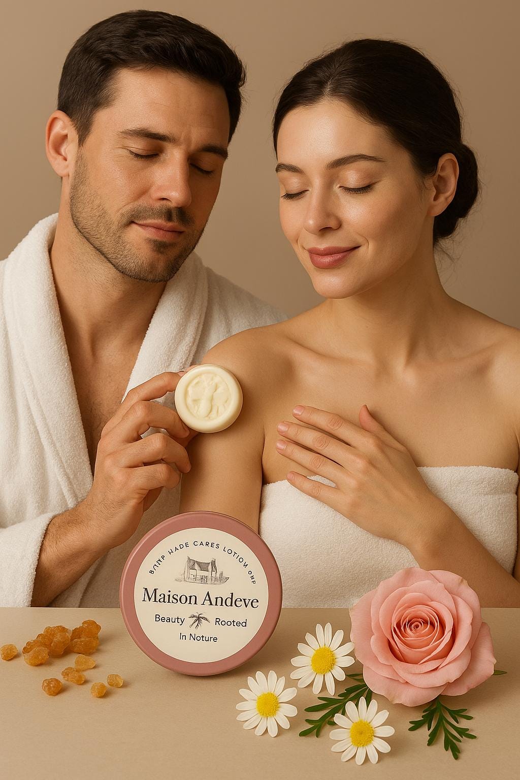 Couple using a Maison Andeve lotion bar in a pink tin, with flowers and natural spa elements.