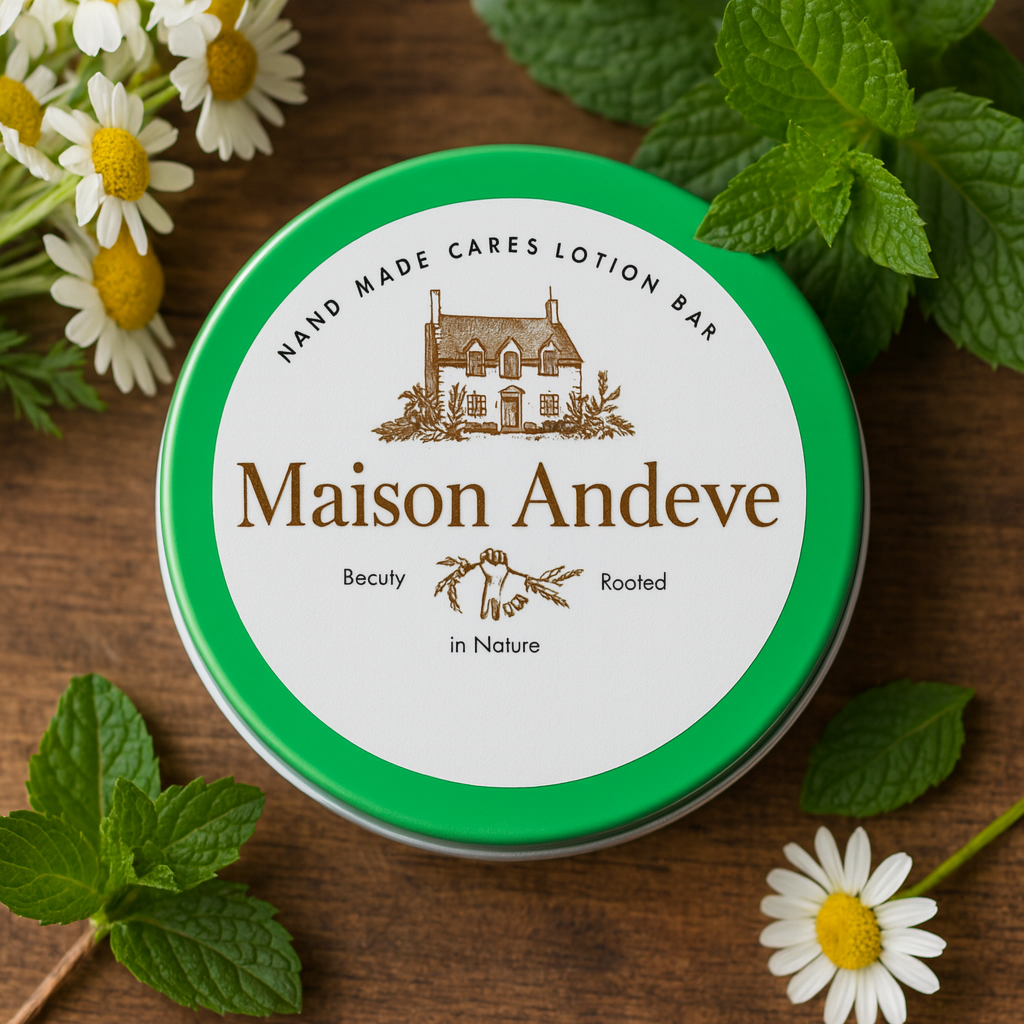 Maison Andeve deep moisturising lotion bar for heels in green tin with chamomile and mint leaves.