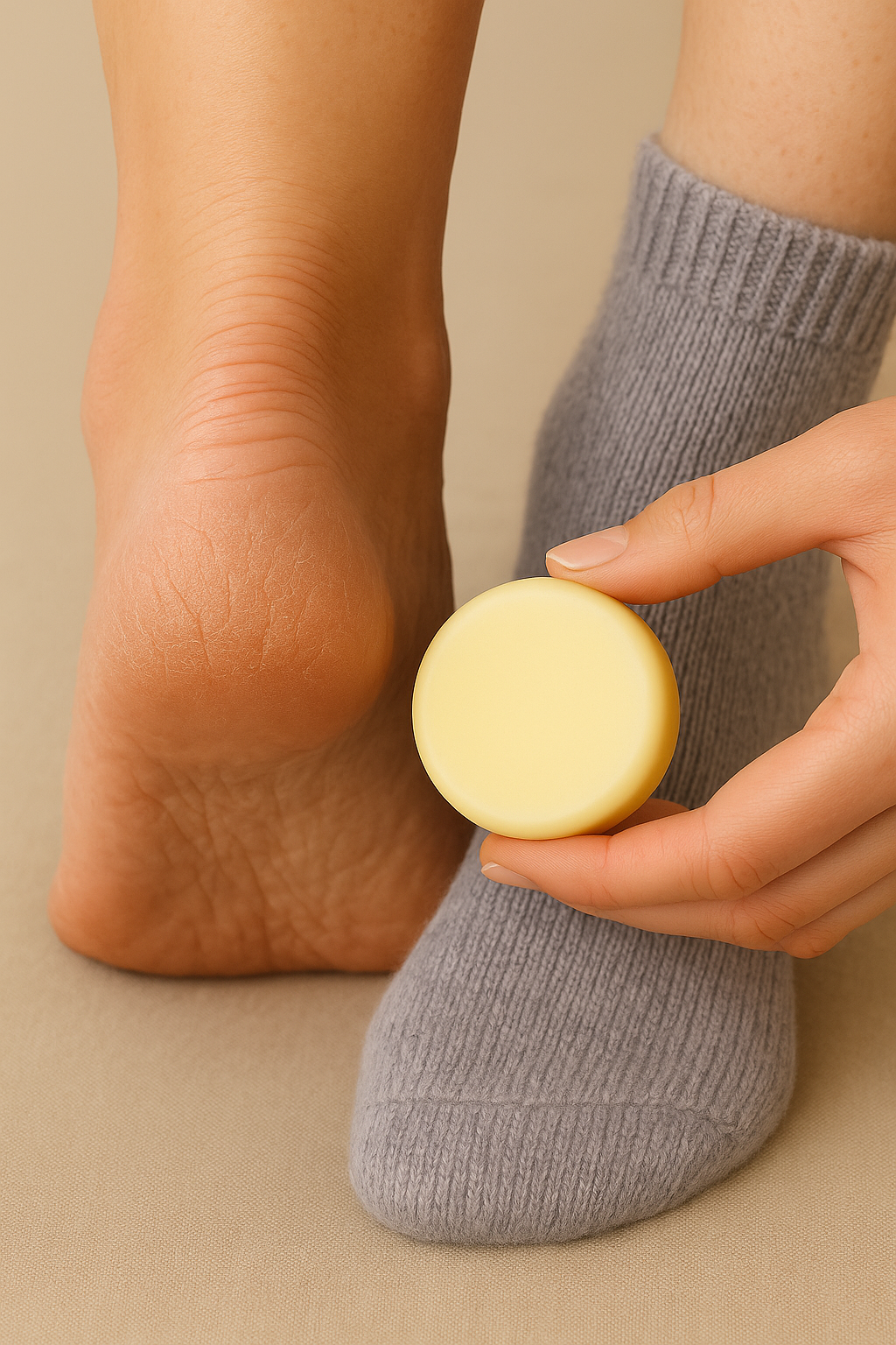 Deep moisturising solid lotion bar by Maison Andeve held near dry, cracked heels to show nourishing skincare for rough skin.