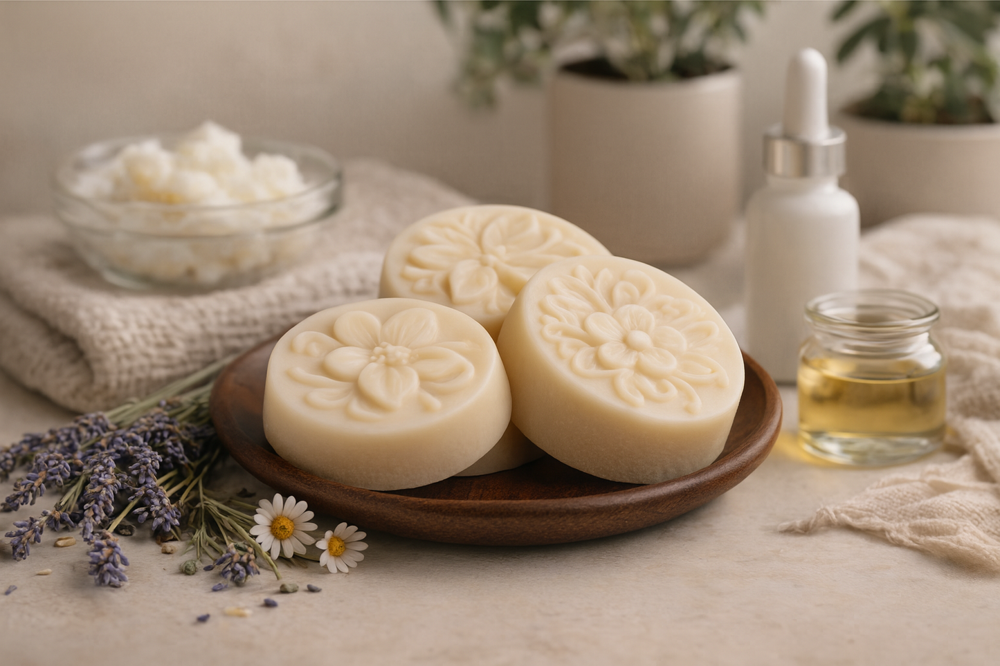 Three floral handmade lotion bars on a wooden tray with lavender, chamomile, and natural oils