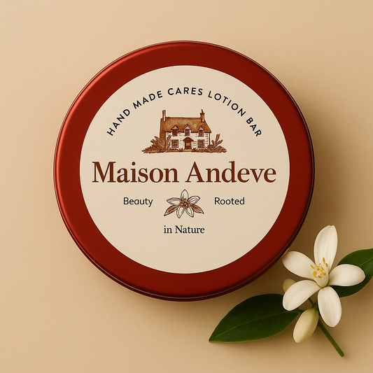Maison Andeve handmade lotion bar in a red metal tin with a white flower on a beige background.