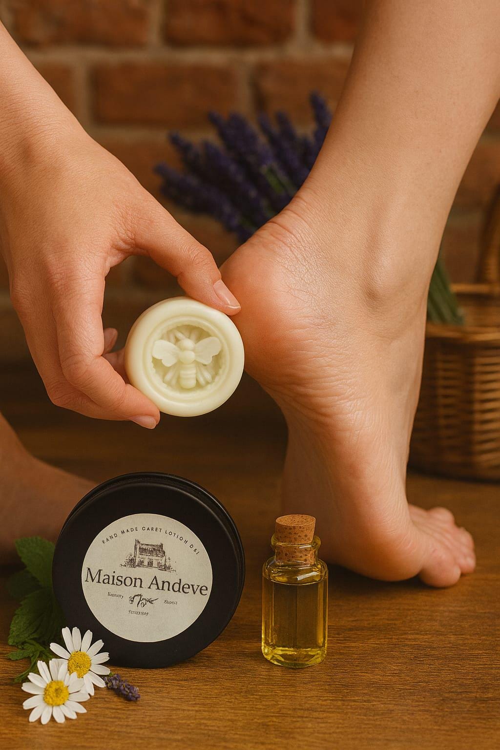 Person applying Maison Andeve lotion bar to dry heels with black tin and natural oils nearby