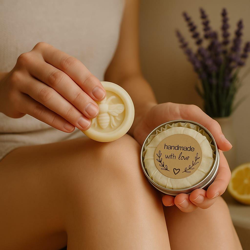 Woman applying a handmade Maison Andeve bee-embossed lotion bar to her leg, holding a tin on a warm beige background.