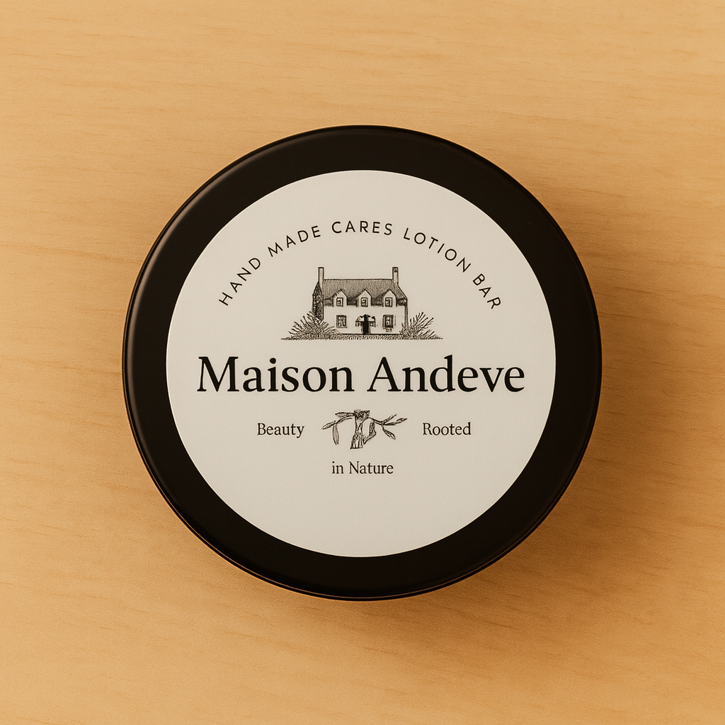 Maison Andeve black tin lotion bar with classic label on a wooden background
