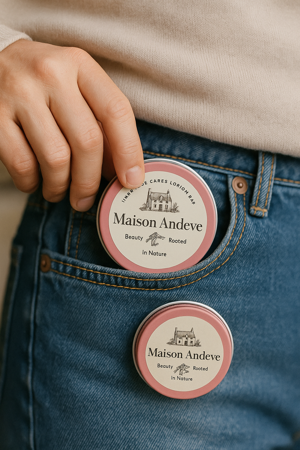 Maison Andeve pink tin lotion bar being placed into a jeans pocket, on-the-go lifestyle image.
