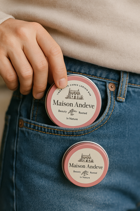 Maison Andeve pink tin lotion bar being placed into a jeans pocket, on-the-go lifestyle image.