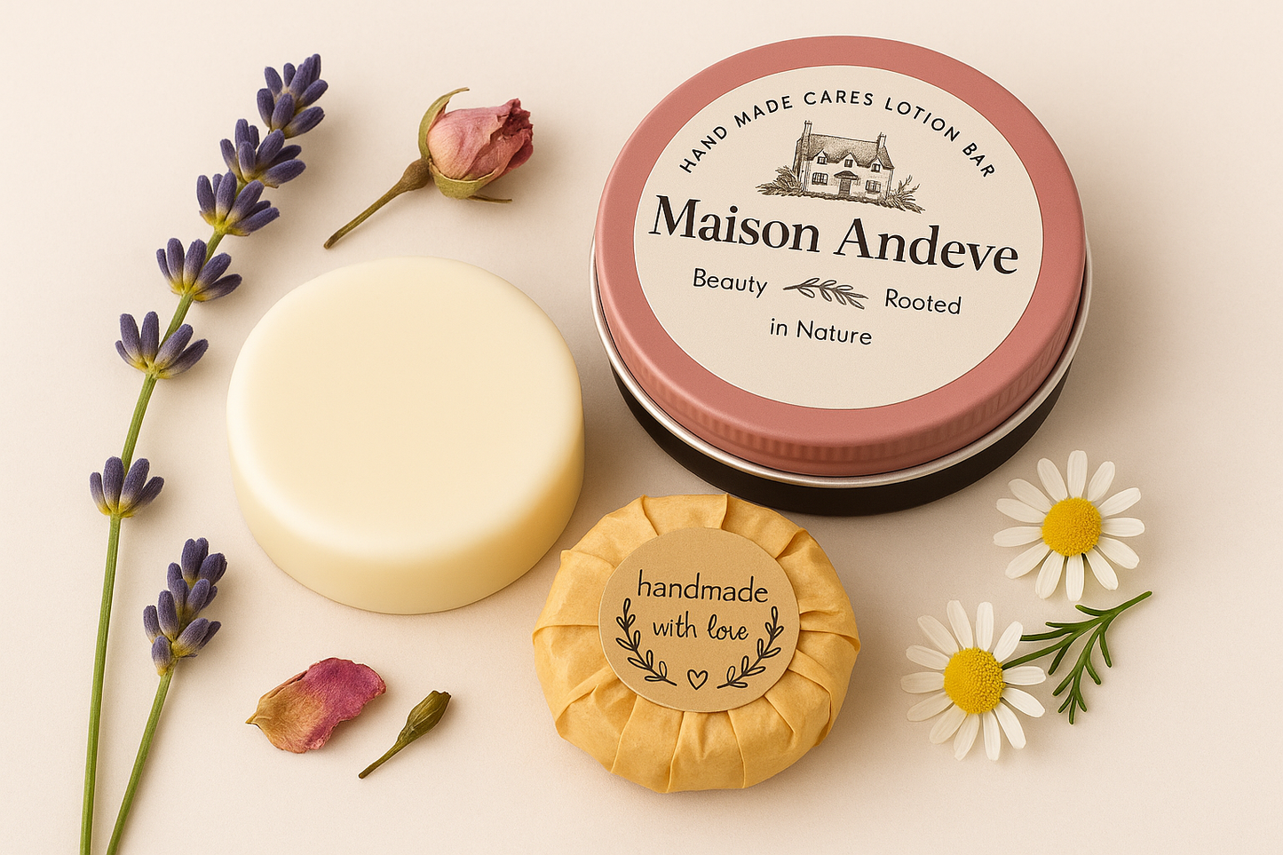 Maison Andeve pink tin lotion bar with mini wrapped bar, lavender sprigs, chamomile flowers, and rose petal.