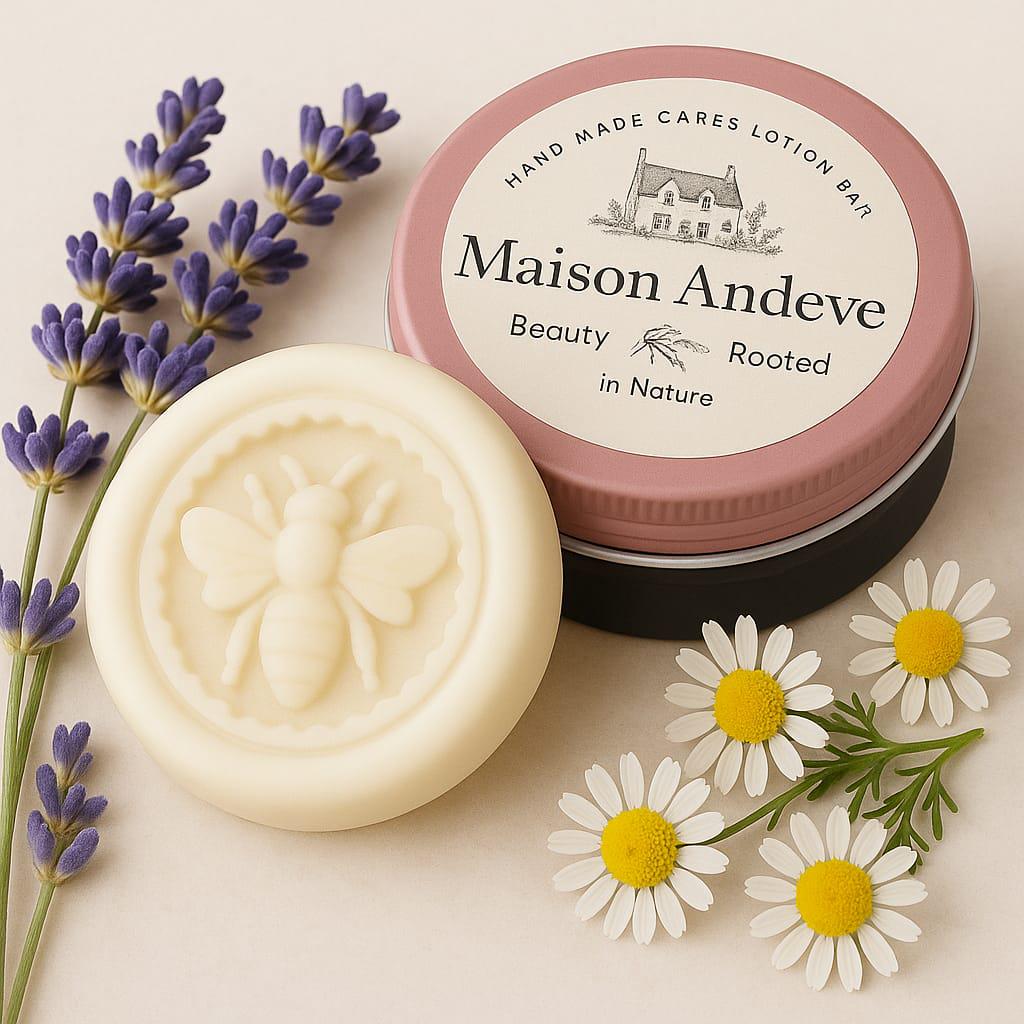 Maison Andeve lotion bar with pink tin, chamomile flowers and lavender on a neutral background