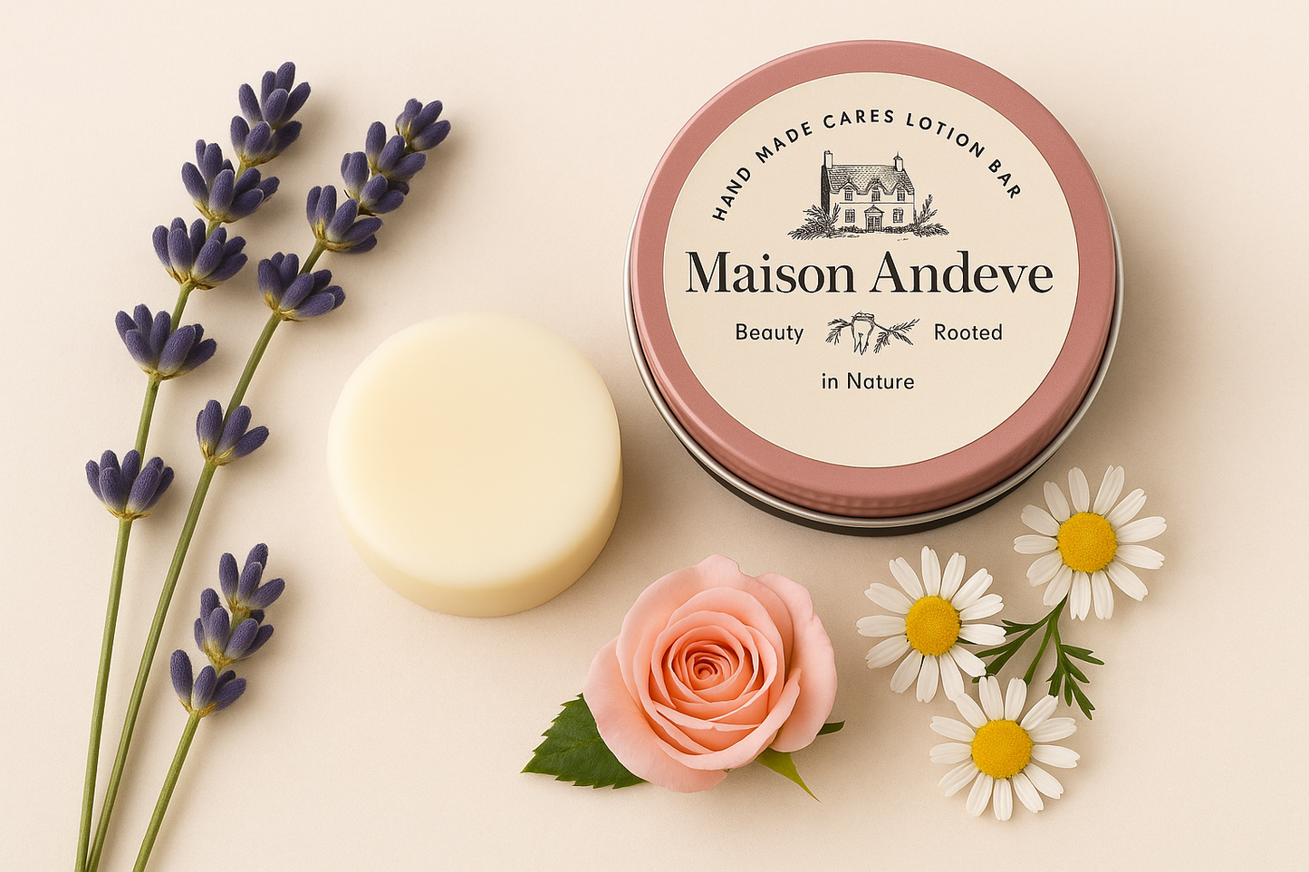 Maison Andeve lotion bar with pink tin, lavender sprigs, rose, and chamomile flowers on a beige background