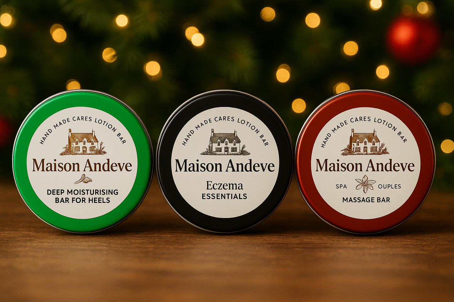 Maison Andeve trio lotion bar set for heels, eczema, and massage displayed with a warm Christmas background