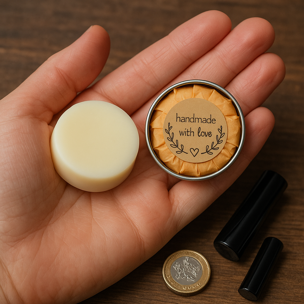 Mini Maison Andeve lotion bar and wrapped tin shown in a hand with a coin for size comparison