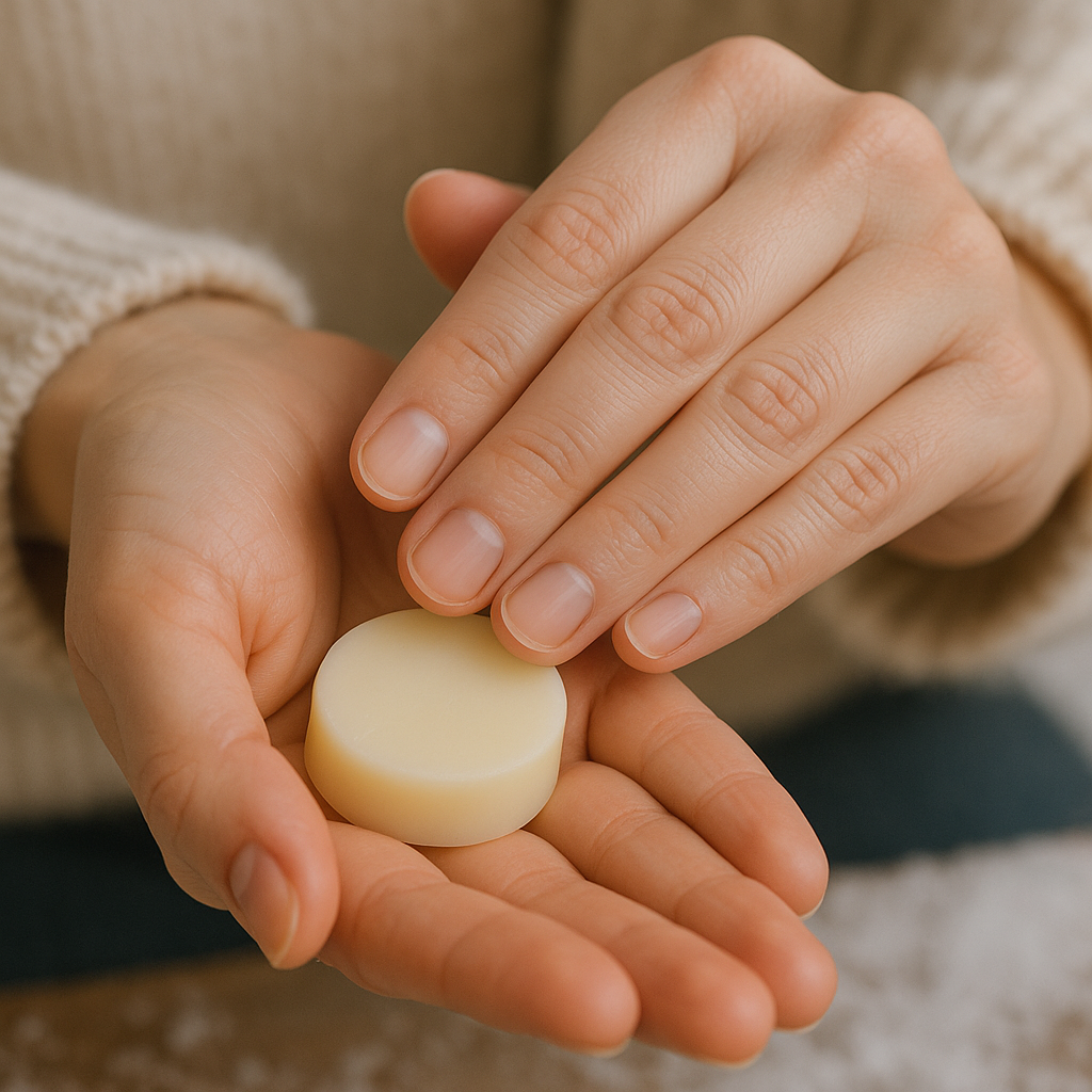 Hands warming a mini Maison Andeve lotion bar to apply moisturising balm.