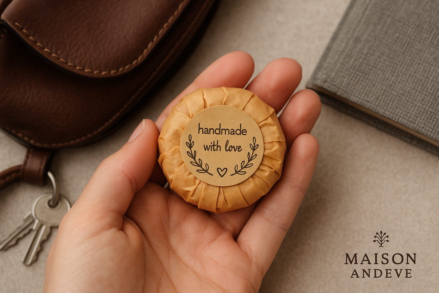 Hand holding a wrapped mini Maison Andeve lotion bar next to purse, keys, and notebook