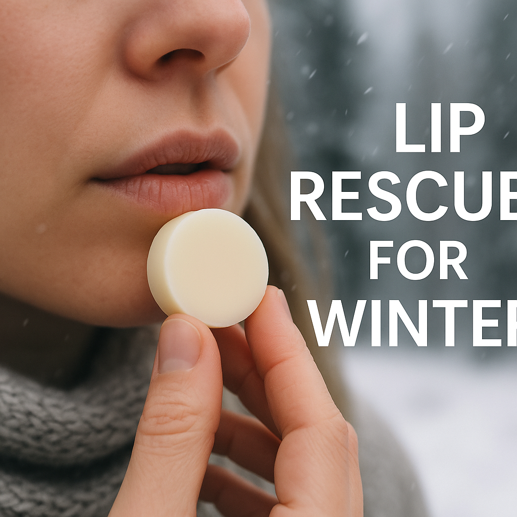 Person applying a mini Maison Andeve lotion bar to dry lips in a snowy winter environment