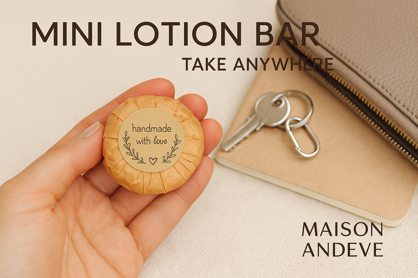 Mini Maison Andeve lotion bar held in hand beside keys and a zipped wallet, take-anywhere design