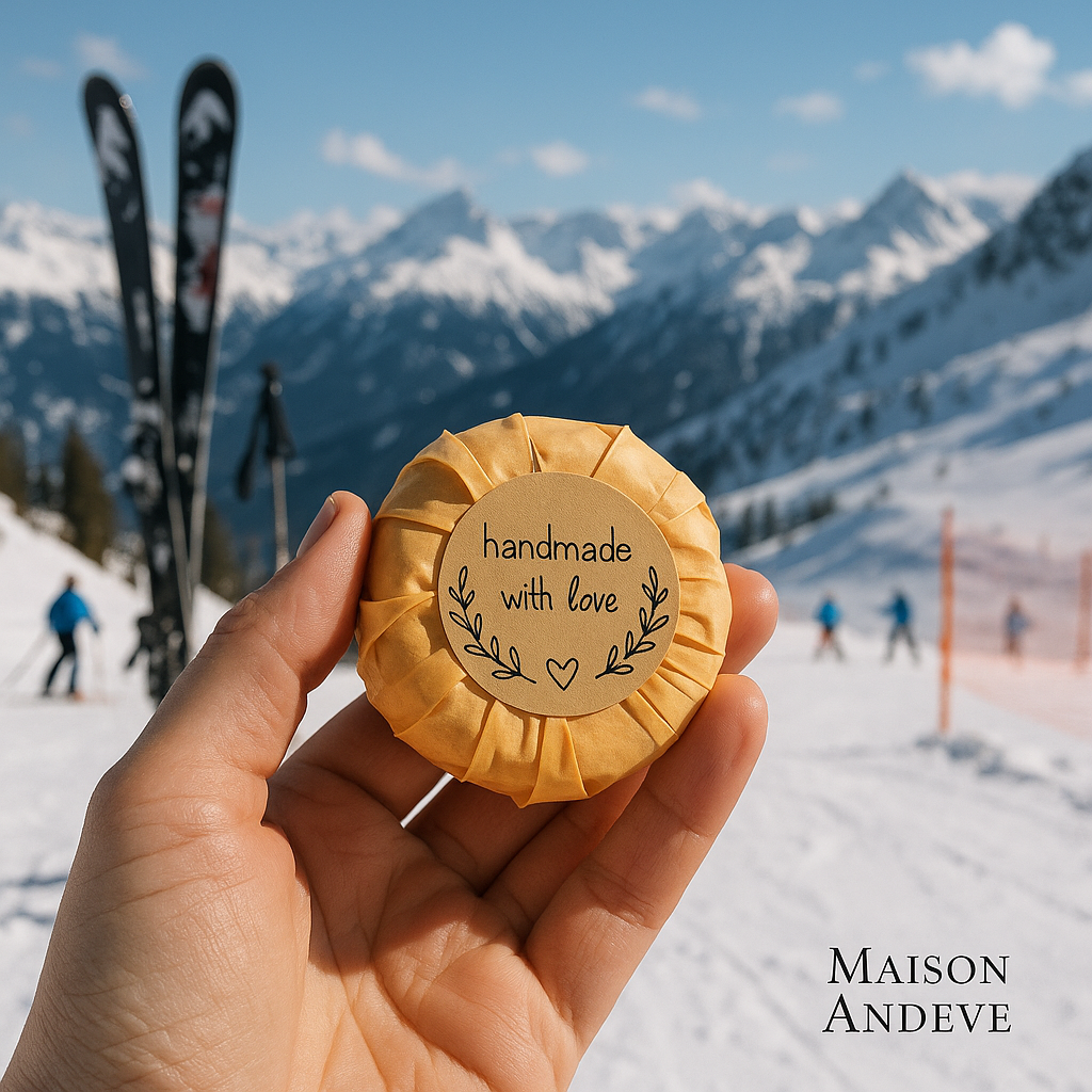 Mini Maison Andeve handmade lotion bar held at a snowy ski resort, winter travel scene