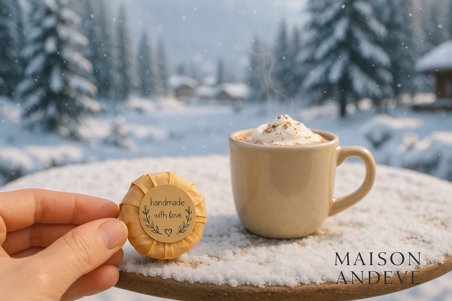 Mini Maison Andeve lotion bar placed on a snowy table beside a hot chocolate with winter mountains in background.