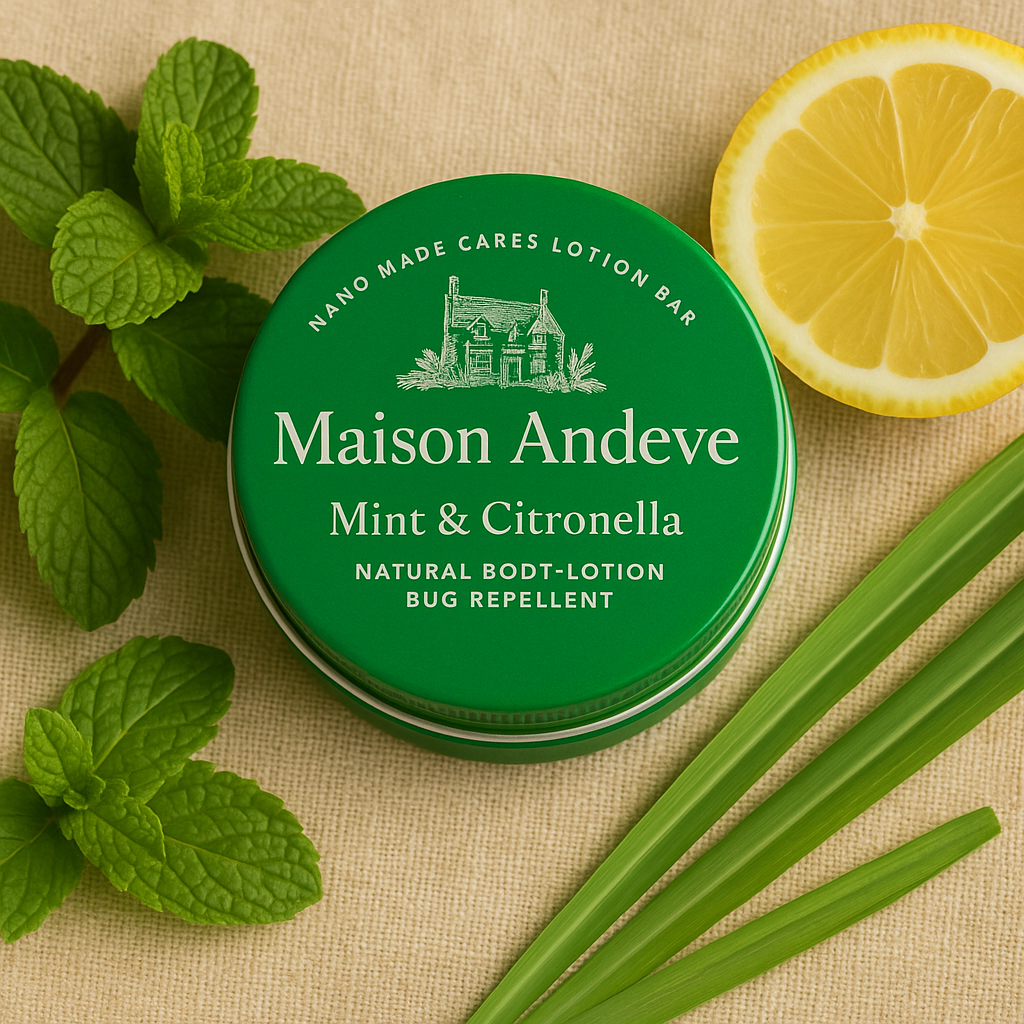 Maison Andeve mint and citronella lotion bar tin displayed with lemon slices and fresh mint leaves.