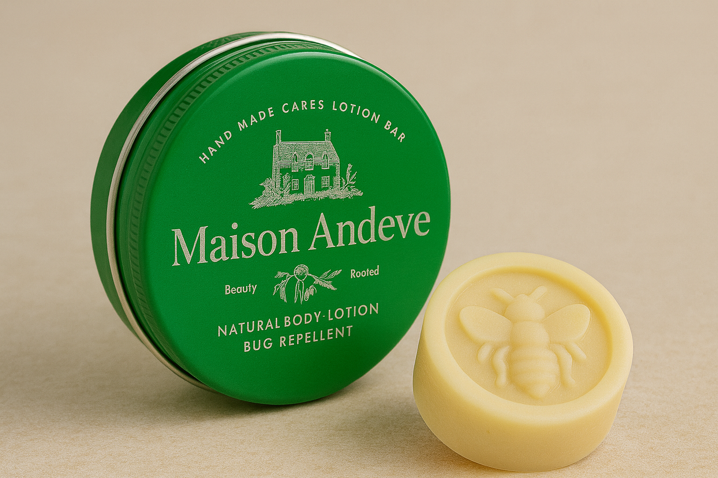 Maison Andeve mint and citronella natural lotion bar in green tin with embossed bee design, bug-repellent balm.