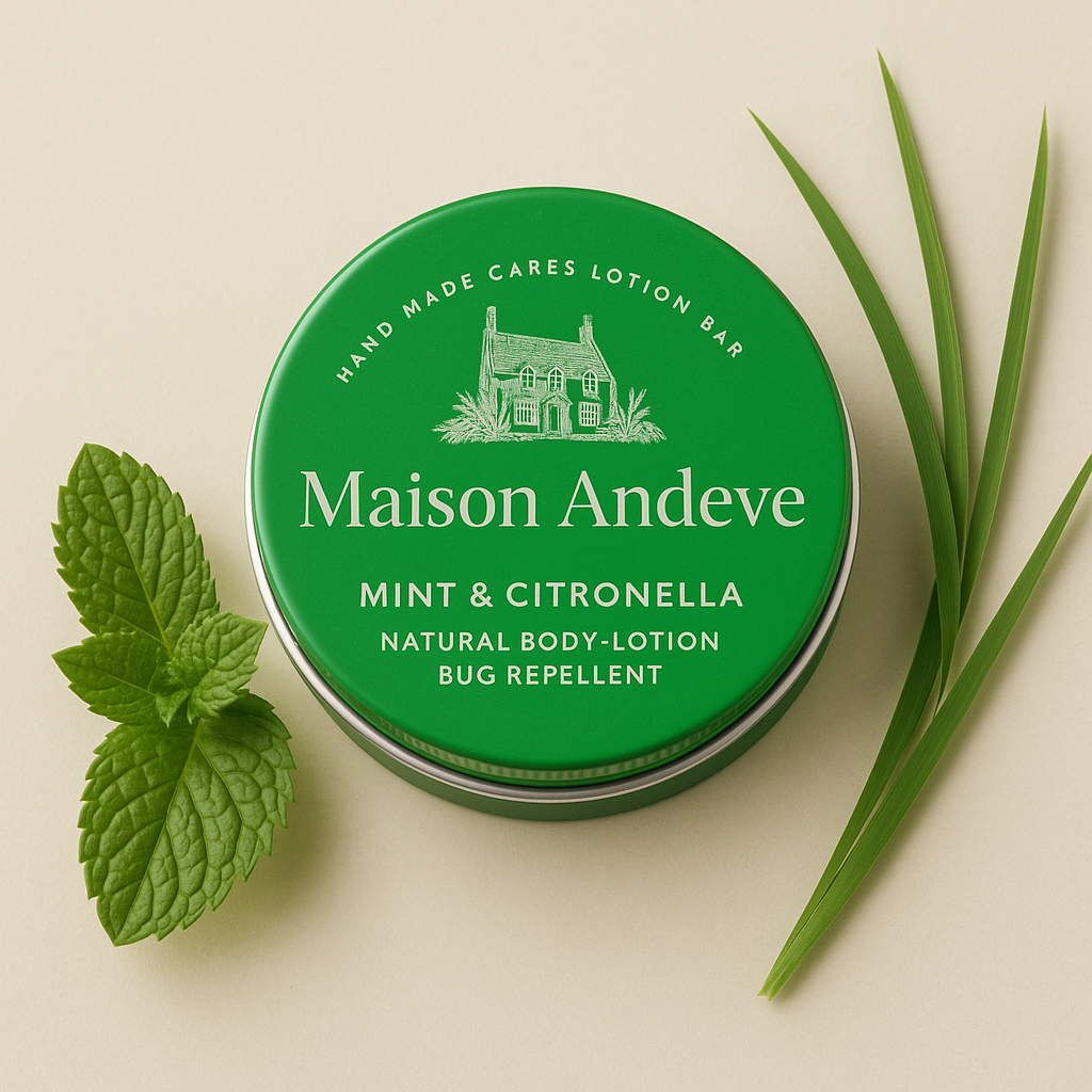 Maison Andeve mint and citronella lotion bar tin with fresh mint and citronella leaves.