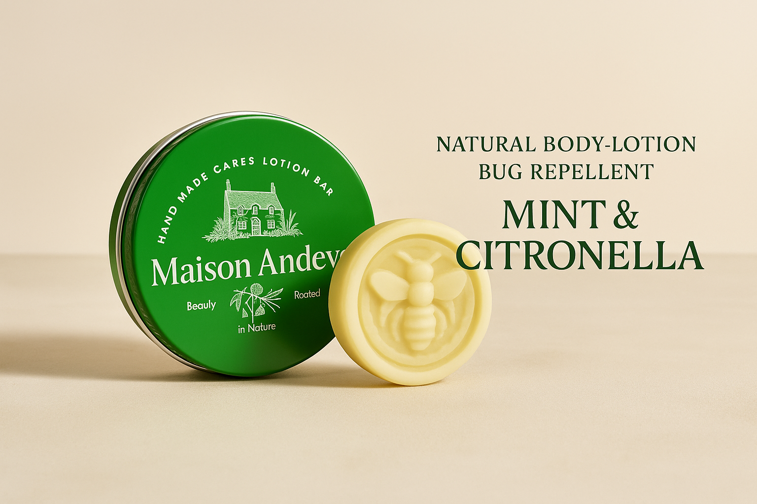 Maison Andeve mint and citronella natural bug repellent lotion bar in green tin with bee design.