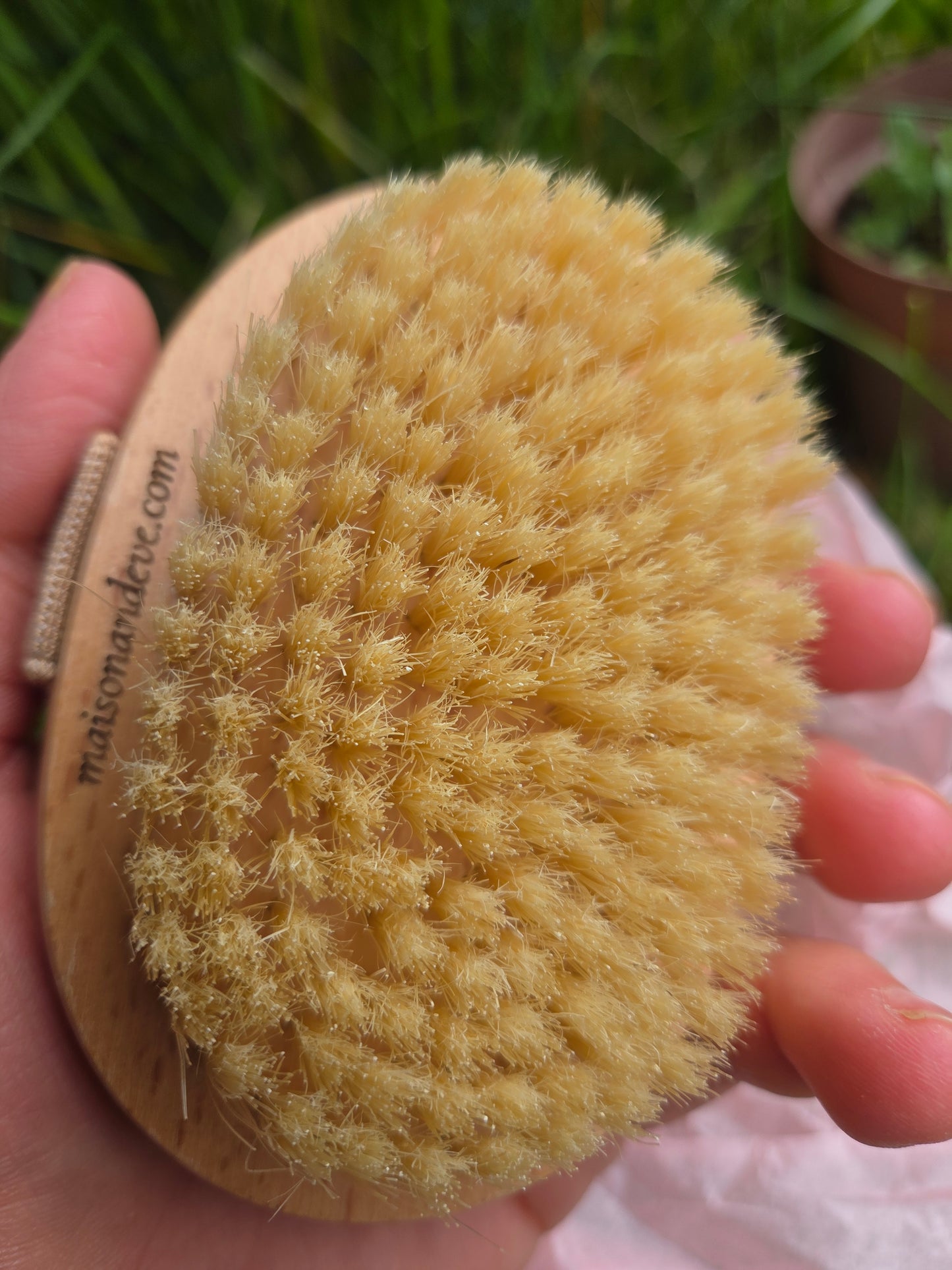 Angled close up of Maison Andeve natural wooden dry brush with dense bristles for body exfoliation and skin care