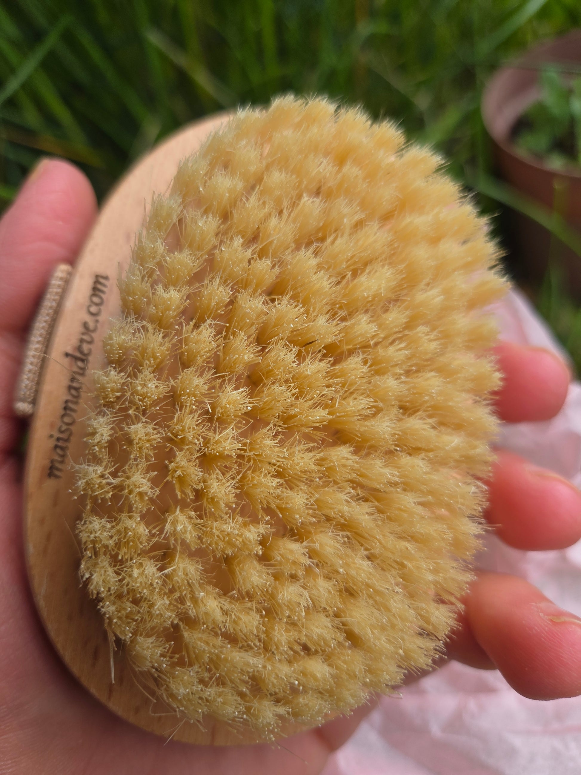 Angled close up of Maison Andeve natural wooden dry brush with dense bristles for body exfoliation and skin care