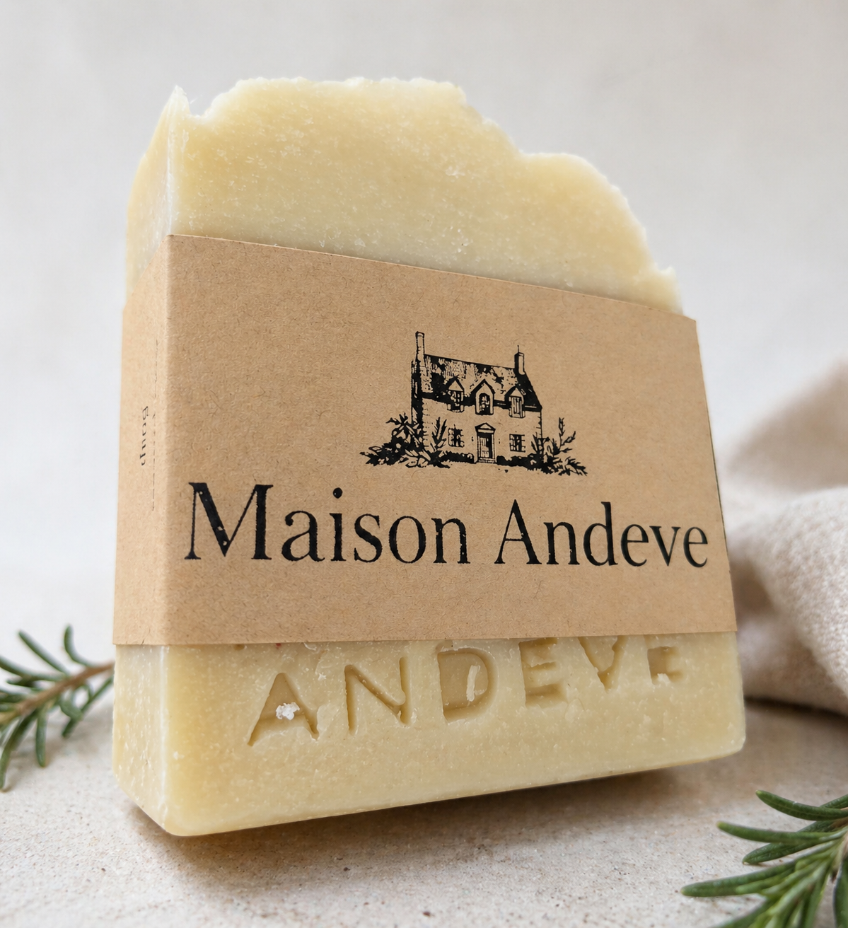 Maison Andeve natural handmade soap bar with minimalist packaging on neutral background, gentle skincare product