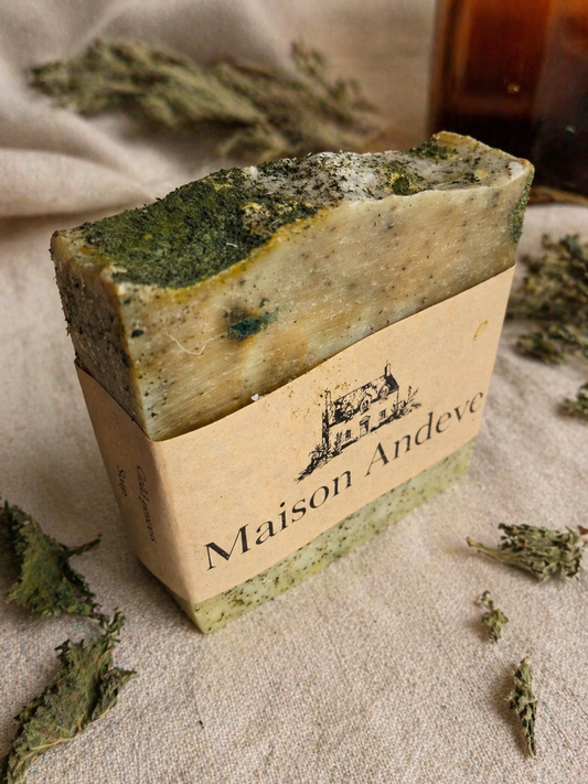 Maison Andeve nettle soap with herbal exfoliating texture and dried botanicals, natural skin cleansing bar