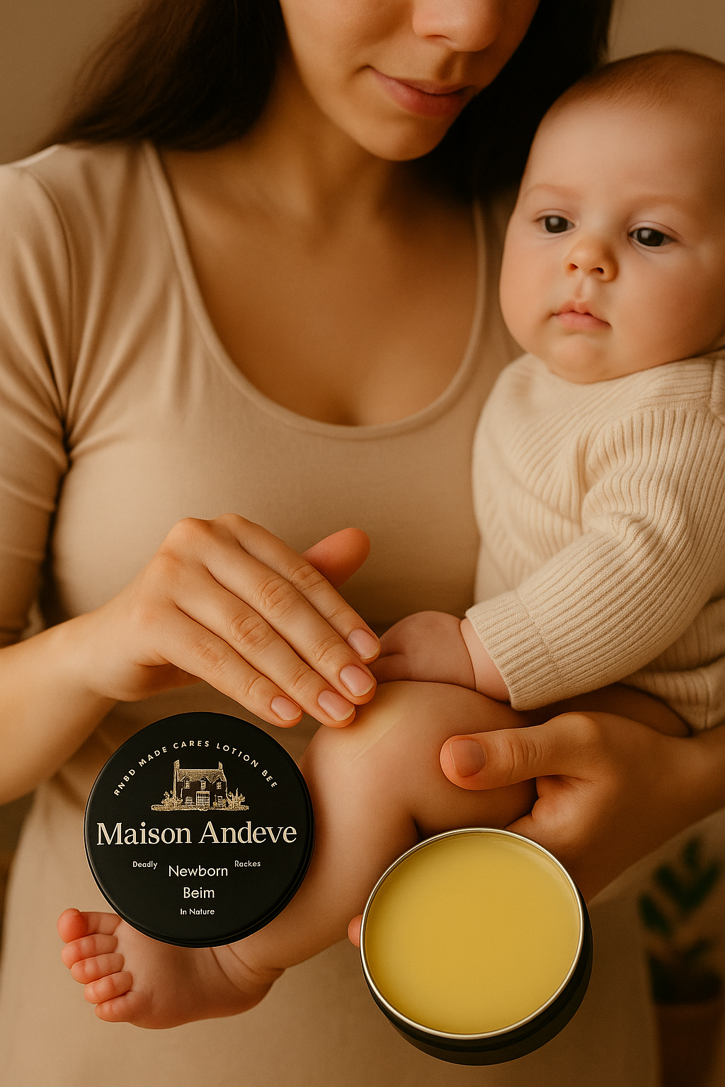 Mother gently applying Maison Andeve newborn balm to baby's skin using a natural, fragrance-free balm