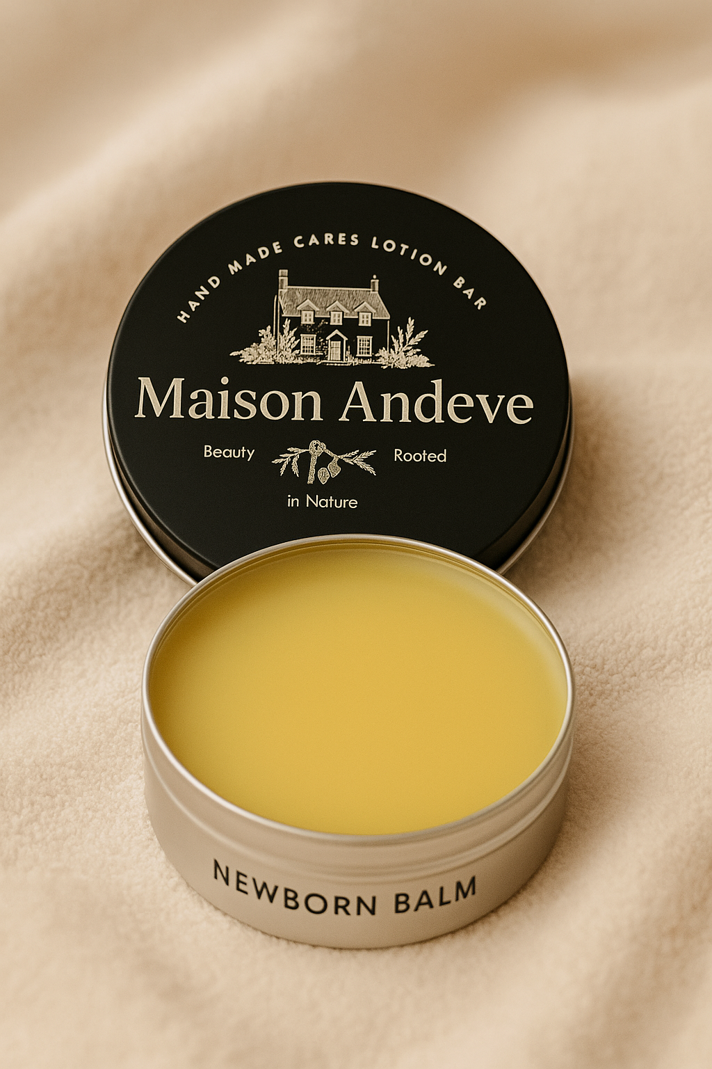 Maison Andeve Newborn Balm in a reusable tin displayed on a soft fabric background, designed for gentle everyday baby skincare.