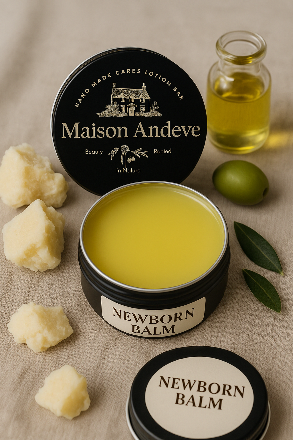 Maison Andeve Newborn Balm in a tin displayed with shea butter and olive oil, highlighting gentle natural ingredients for baby skin care.