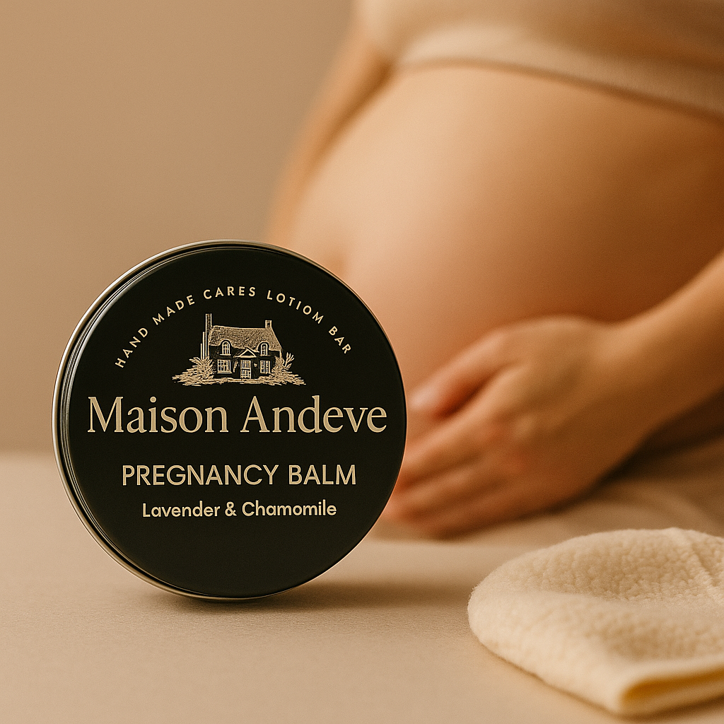 Natural pregnancy belly balm by Maison Andeve applied to growing belly for stretch mark care