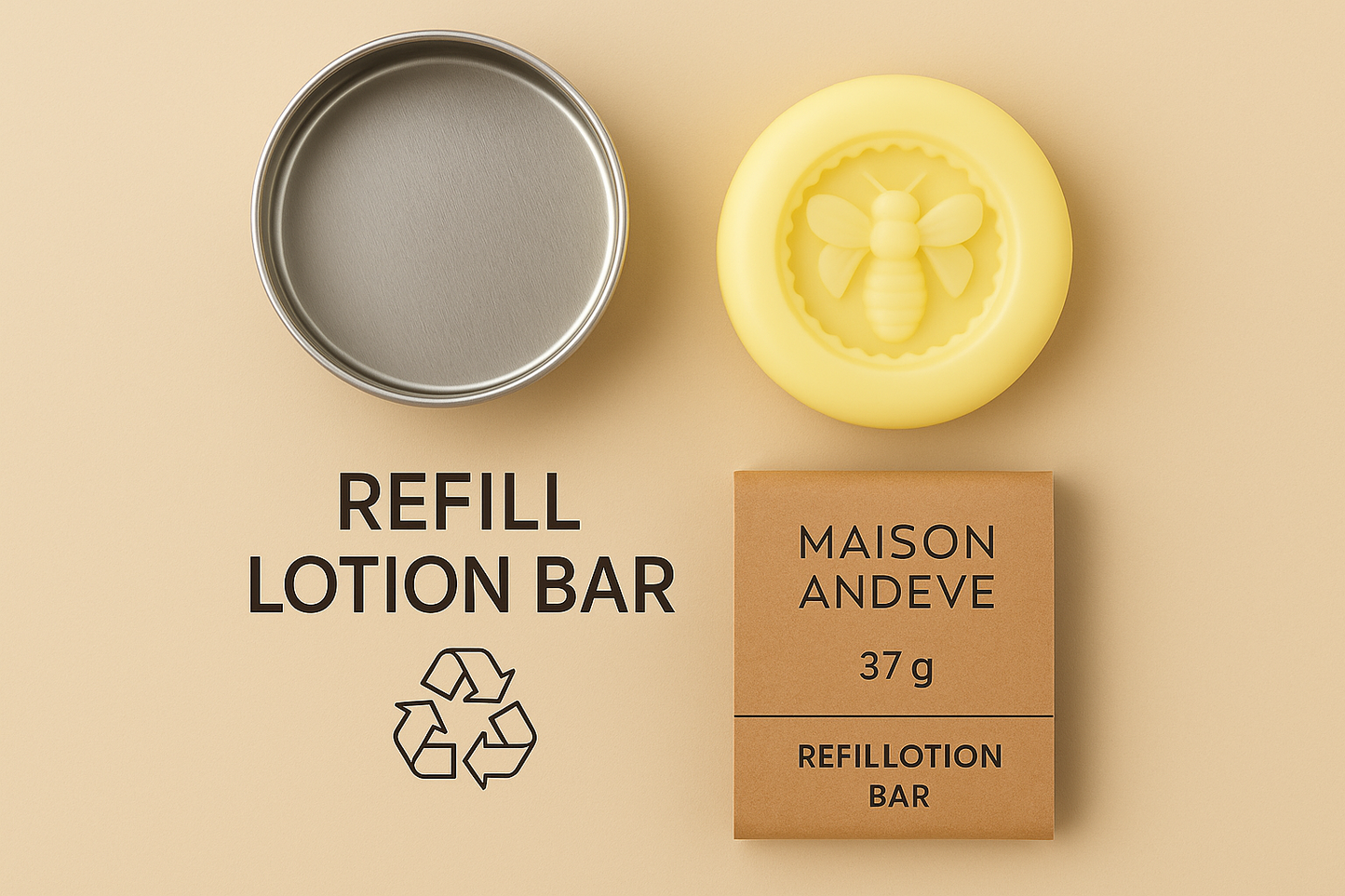 Maison Andeve 37g refill lotion bar with empty tin and recyclable packaging, zero-waste concept.