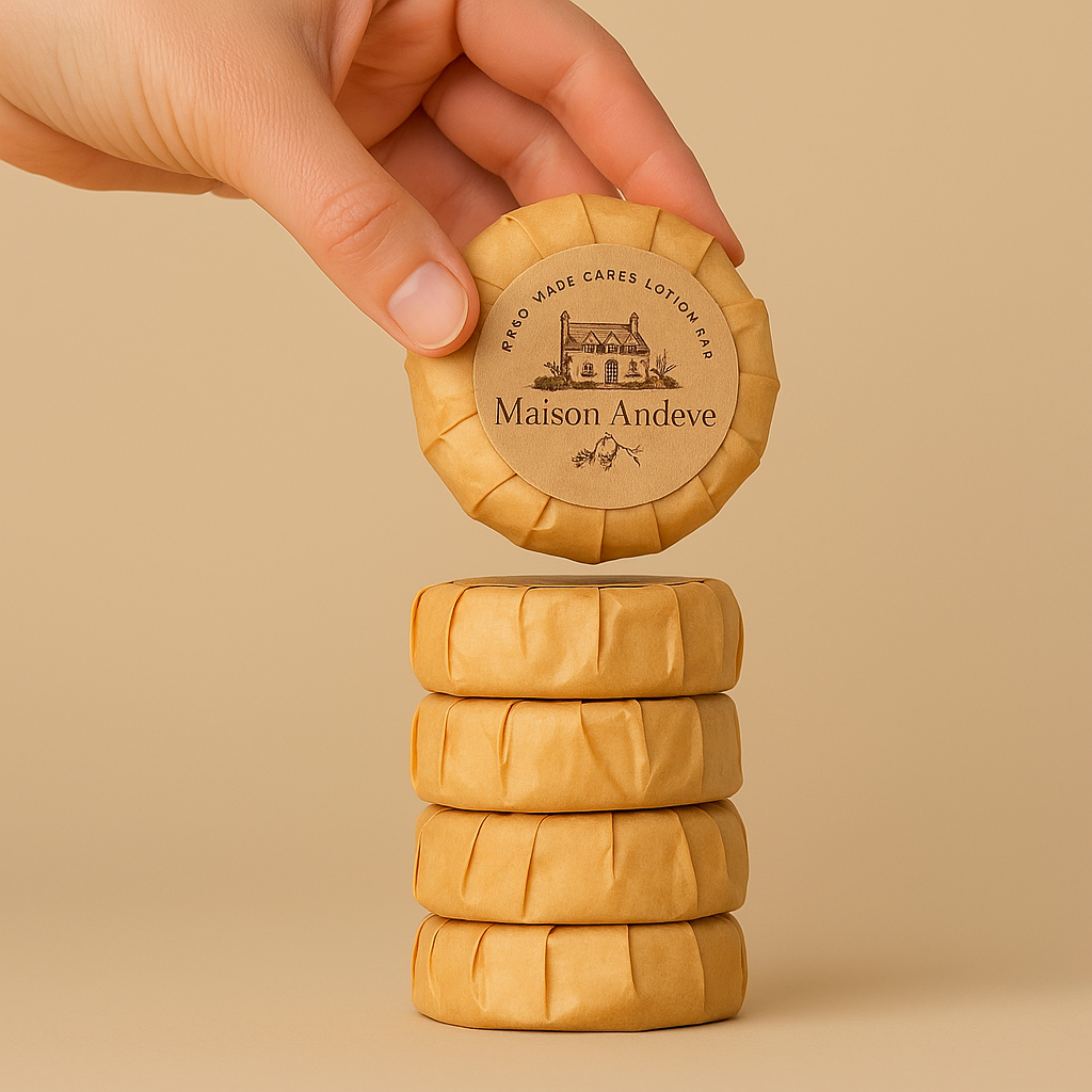 Hand holding a wrapped Maison Andeve lotion bar above a stack of natural, handmade refills.