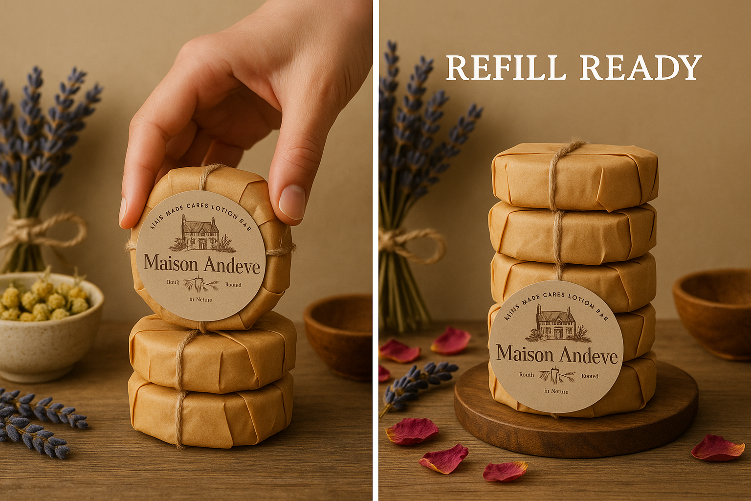 Wrapped Maison Andeve refill lotion bars stacked with lavender and petals, eco-friendly zero-waste packaging.